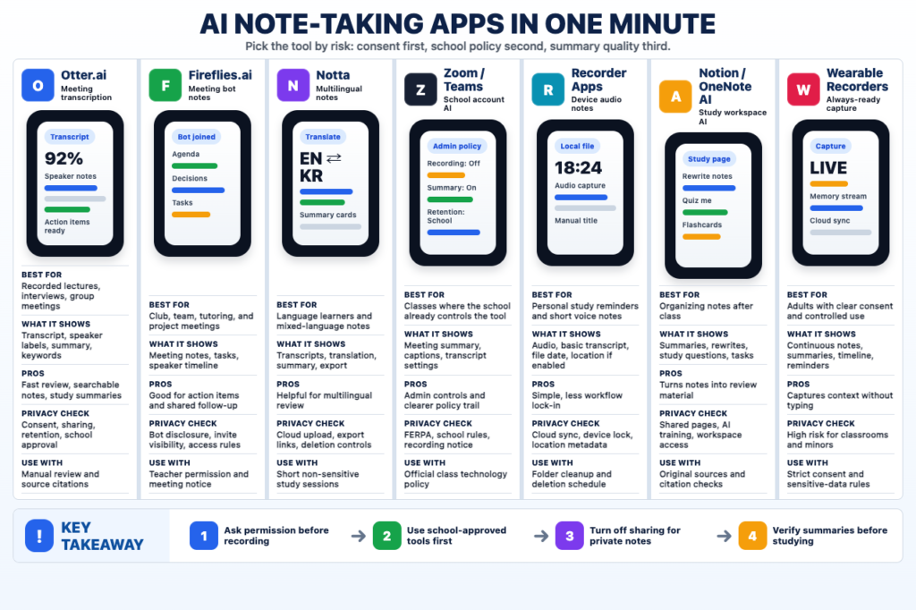 AI note-taking apps privacy comparison infographic for students showing Otter Fireflies Notta Zoom Teams recorder apps Notion OneNote and wearable recorders