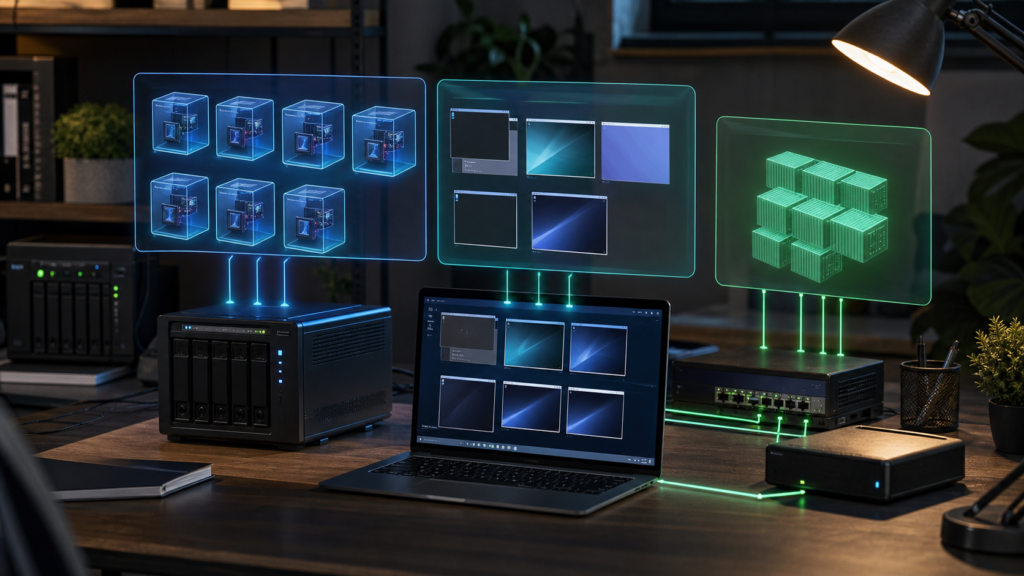 Premium home lab image with mini server, laptop, virtual machines, container blocks, network switch, and backup drive for Proxmox VirtualBox Docker comparison.