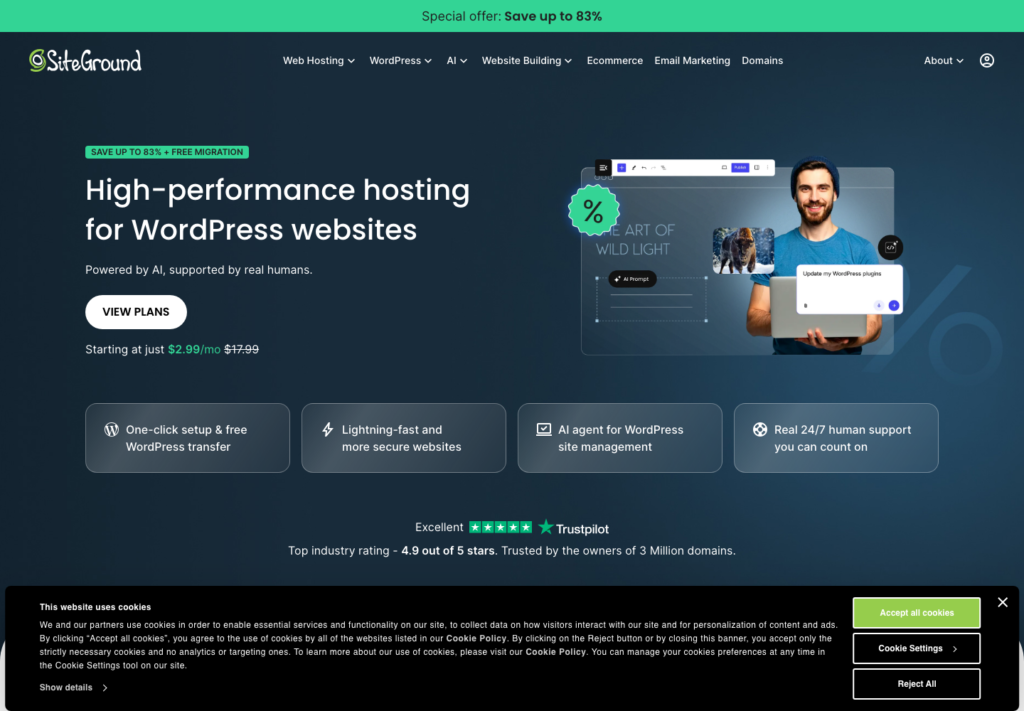 SiteGround WordPress hosting page opened in a browser.