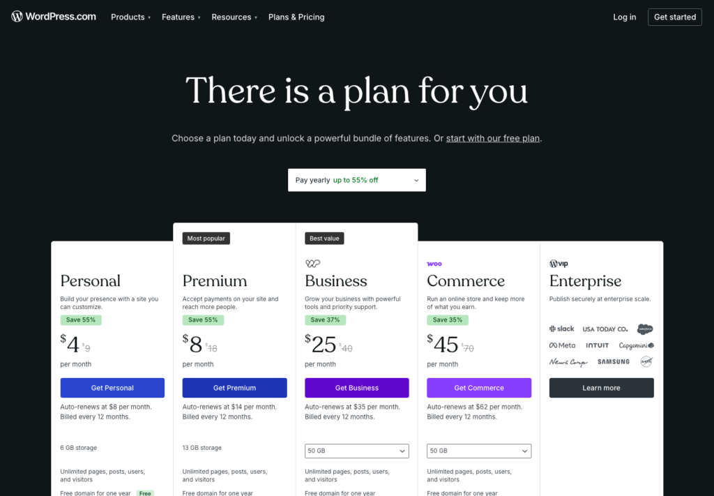 WordPress.com pricing page opened in a browser.