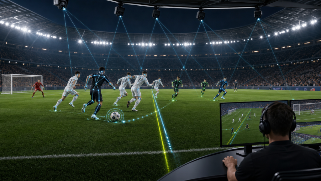 Text-free illustration of referee AI using stadium cameras, connected ball tracking, player pose estimation, offside line, AI analysis chip, and VAR review monitor.