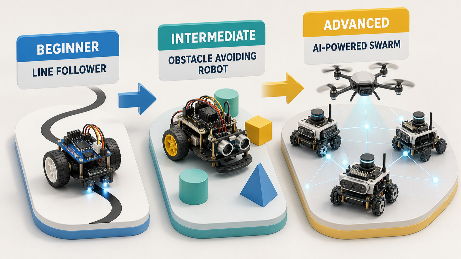 A three-step roadmap illustrating the progression from beginner line-following robots to advanced AI-powered autonomous systems.