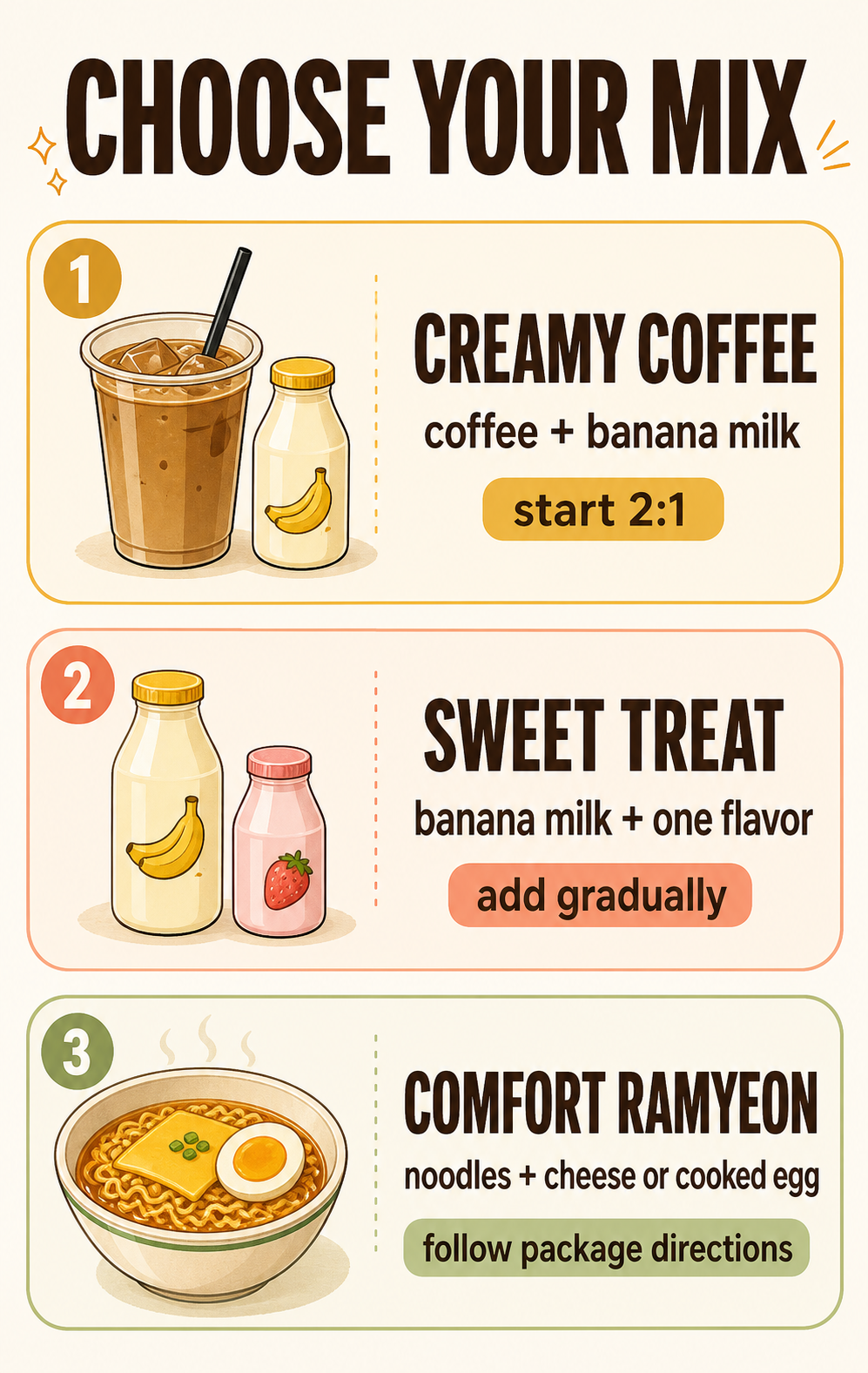 Three Korean convenience store mix choices for coffee, sweet drinks, and ramyeon