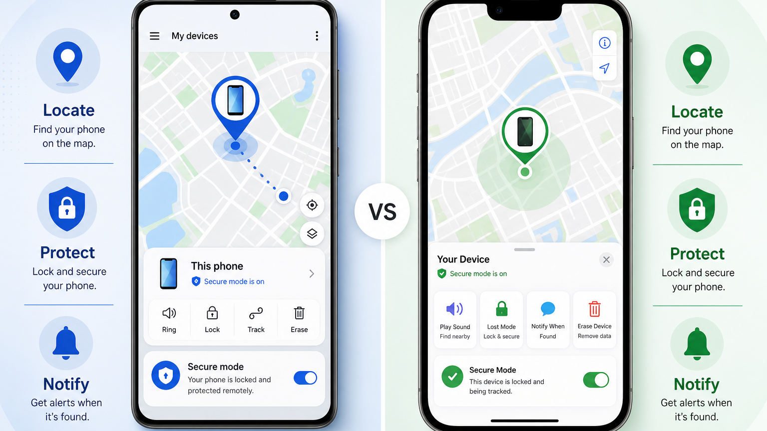 A comparison graphic showing common features of SmartThings Find and Apple Find My.