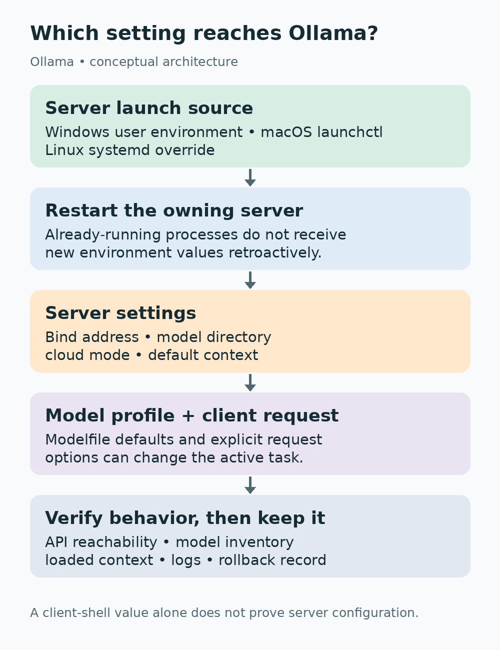 Diagram tracing OS launch environment, server restart, server configuration, client options and verification.