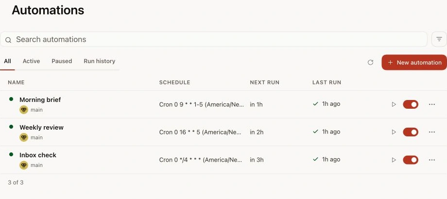Official OpenClaw documentation graphic showing automation names, schedules, next runs and last runs.