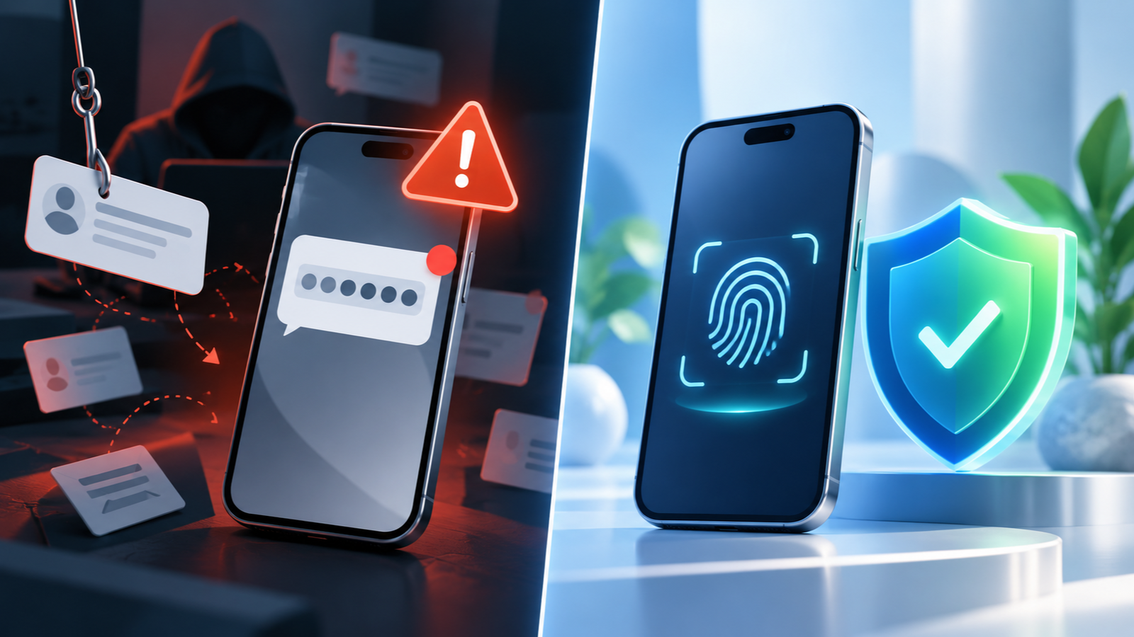Side-by-side comparison of the security risks of SMS codes versus the inherent safety of passkeys.