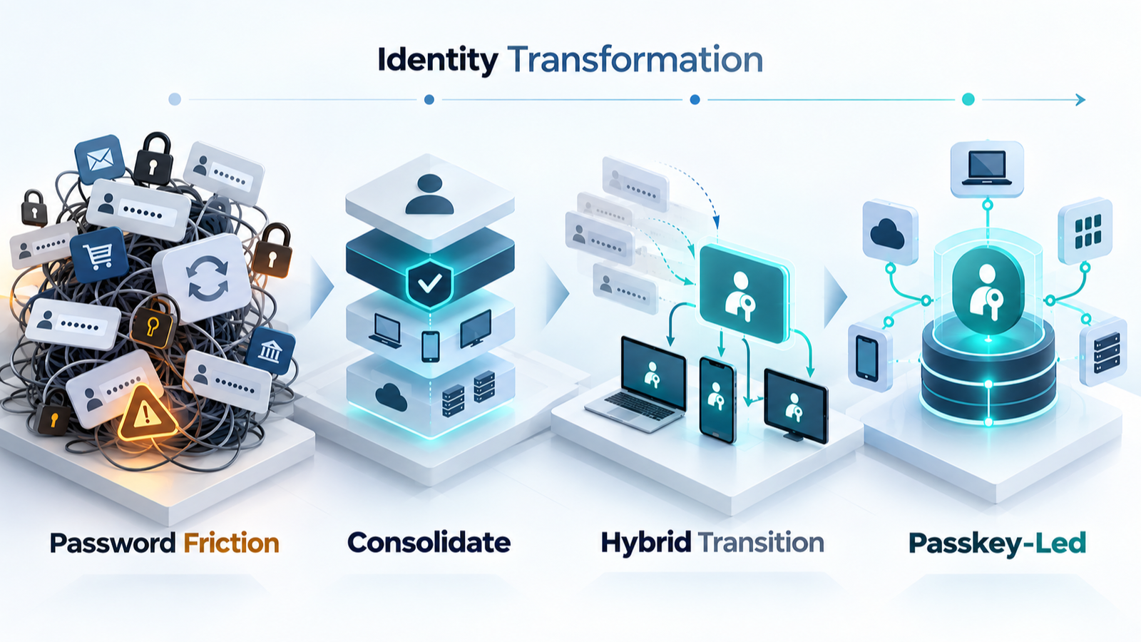 A conceptual roadmap illustrating the transition from passwords to passkeys in an enterprise environment.