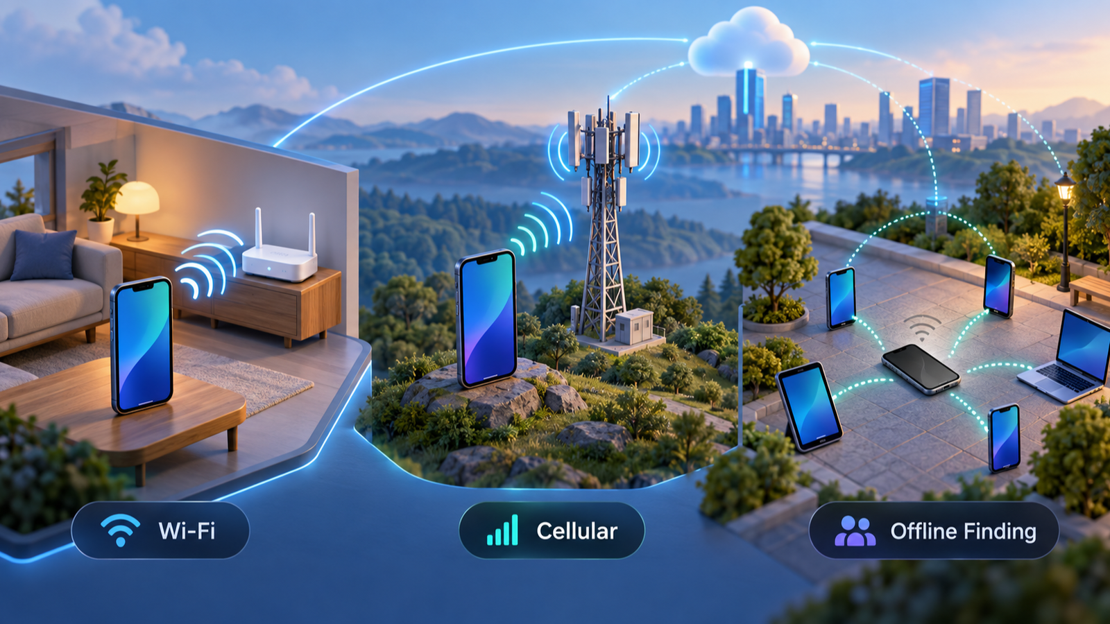 An illustration explaining how phones are located via Wi-Fi, Cellular, or Offline Finding networks.